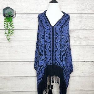 Boho Blue & Black Paisley Fringe Trim Pullover Kimono Festival Poncho Scarf